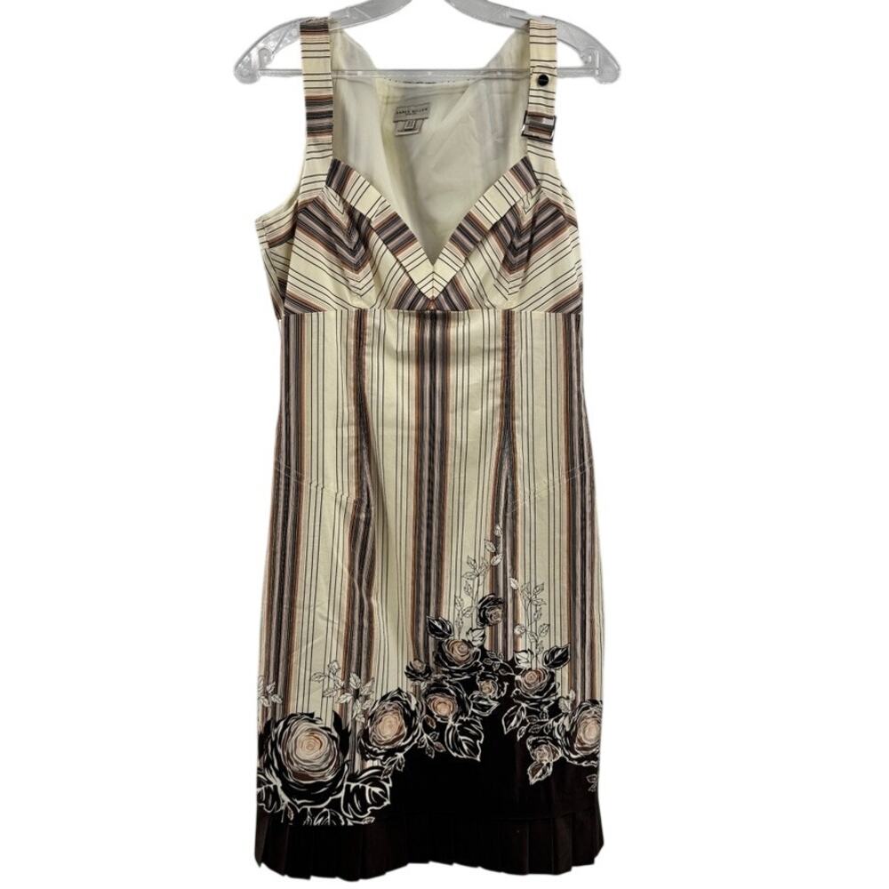 Karen Millen Stripe Floral Dress Sz 10 V-Neck Neckline Brown Pleated Hem